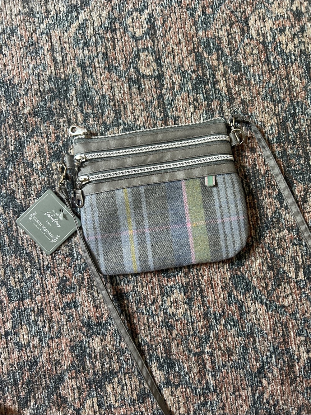 Gray Plaid Crossbody Bag with Triple Zip Pockets